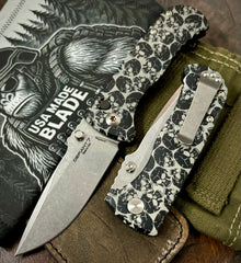 Defiant-7 Talos Button Lock Skull Patterned Handles with Magnacut Blade and Black Hardcoat Anodized Aluminum Handles - USA MB