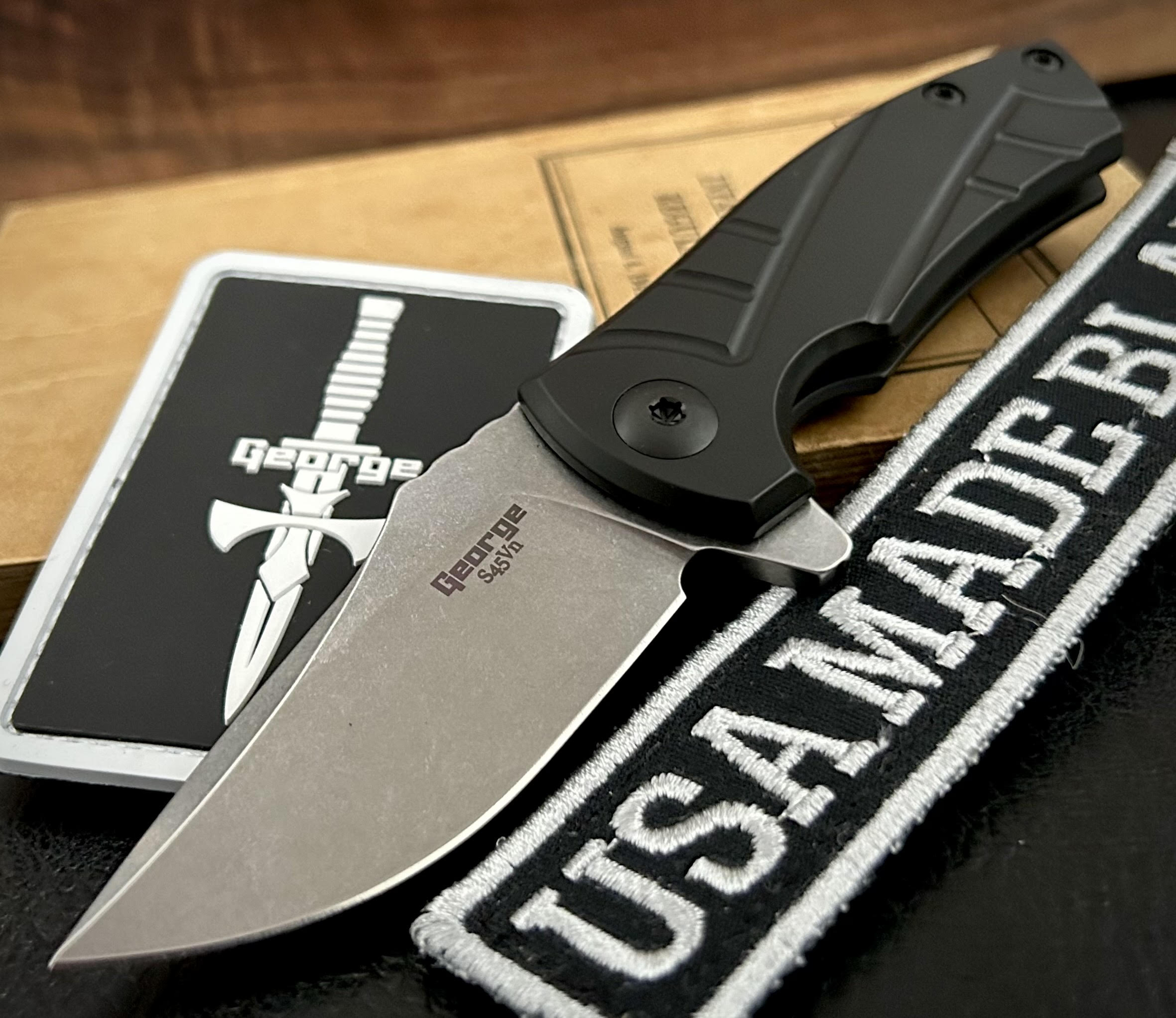 Les George Knives ESV Flipper Black DLC Sweep Ti and S45VN Blade USA Made Blade EXCLUSIVE - USA MB