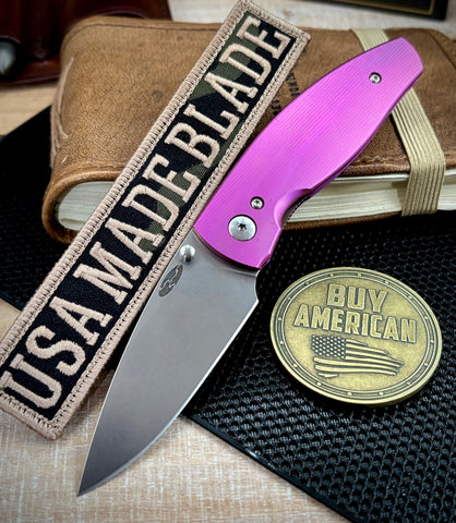 High Res Purple Three Rivers Manufacturing (TRM) Neutron 2 Liner Lock with 3D Pinstripe Titanium and Magnacut Steel - USA MB