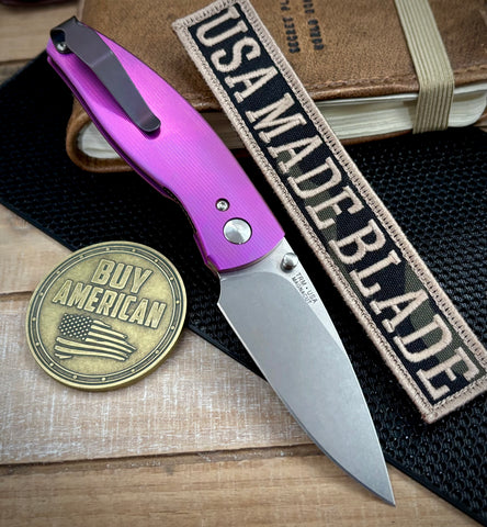 High Res Purple Three Rivers Manufacturing (TRM) Neutron 2 Liner Lock with 3D Pinstripe Titanium and Magnacut Steel - USA MB