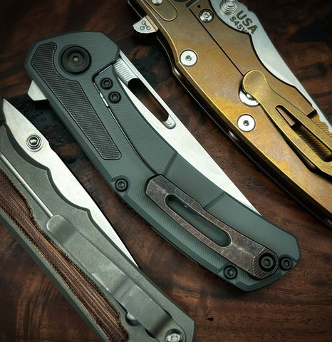 Archer from Tactile Knife Co. with Feathered Darkwash Ti, Distressed Ti inlay, Magnacut Blade and blackened ti hardware