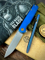 Combo Blue & Bronze Anodized Rockwall Flipper with Stonewashed Magnacut Blade Countoured Ti Handles with Ti Hardware Plus Slim Bolt Action Short Pen