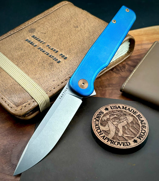 Blue & Bronze Anodized Rockwall Flipper with Stonewashed Magnacut Blade Countoured Ti Handles with Ti Hardware from Tactile Knife Co.