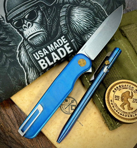 Combo Blue & Bronze Anodized Rockwall Flipper with Stonewashed Magnacut Blade Countoured Ti Handles with Ti Hardware Plus Slim Bolt Action Short Pen