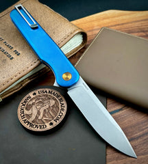 Blue & Bronze Anodized Rockwall Flipper with Stonewashed Magnacut Blade Countoured Ti Handles with Ti Hardware from Tactile Knife Co. - USA MB