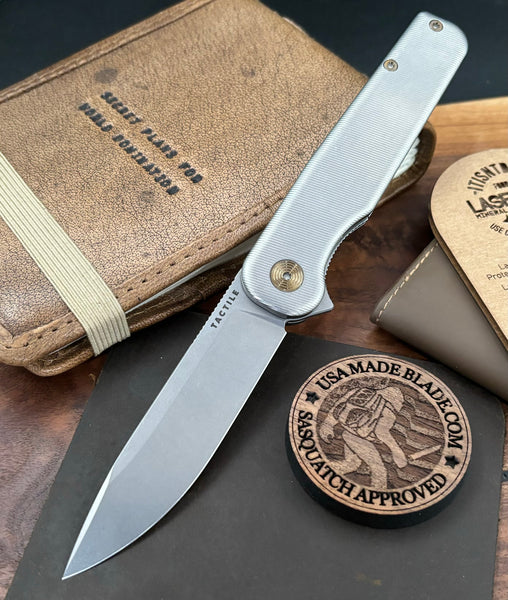 Rockwall Flipper with Stonewashed Magnacut Blade Countoured Ti Handles with Bronze Ti Hardware from Tactile Knife Co.