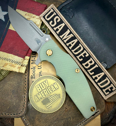Topo Ammo Can Green Hinderer Jurassic Clip Point Translucent Green G10 Customized Working Finish Ti Magnacut Working Finish Blade Bronzed Out Hardware with Sasquatch Clip - USA MB