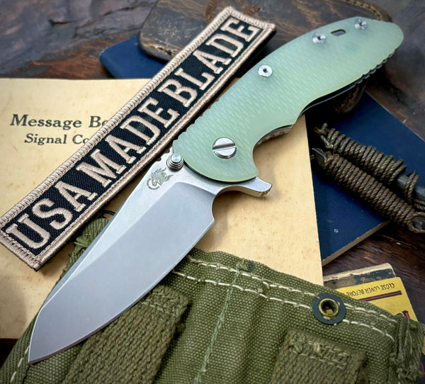 Hinderer XM-18 3.5 Sheepsfoot Stonewashed Ti Translucent Green G10 Stonewashed S45VN Blade