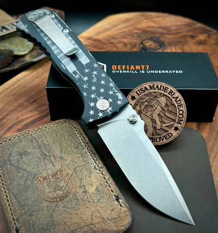 Defiant-7 Talos Button Lock Battled Stars & Stripes with Magnacut Blade and Black Hardcoat Anodized Aluminum Handles