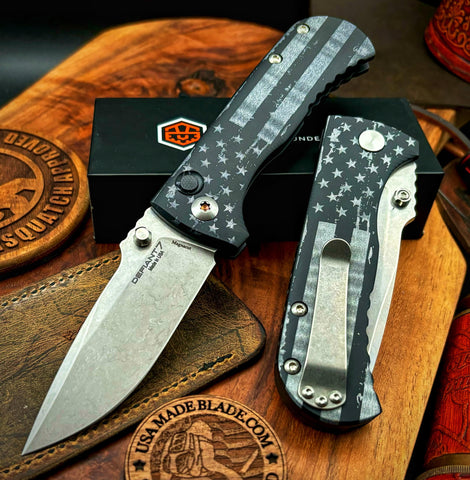 Defiant-7 Talos Button Lock Battled Stars & Stripes with Magnacut Blade and Black Hardcoat Anodized Aluminum Handles
