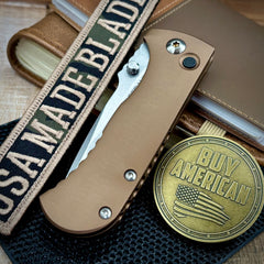 Defiant-7 Talos Button Lock with Magnacut Blade and Tan Hardcoat Anodized Aluminum Handles
