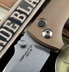 Defiant-7 Talos Button Lock with Magnacut Blade and Tan Hardcoat Anodized Aluminum Handles