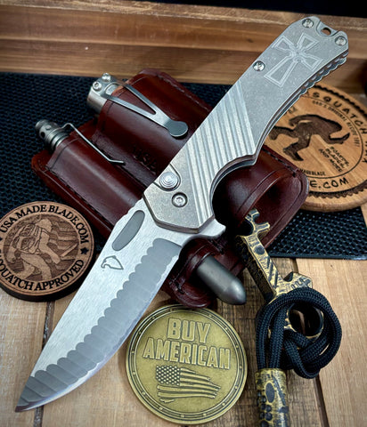 Freeman 451 Button Lock Flipper Templar Cross Stonewashed Ti Magnacut Blade 1.0