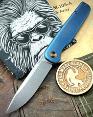 Carolina Blue & Bronze Anodized Rockwall Flipper with Stonewashed Magnacut Blade Countoured Ti Handles with Ti Hardware from Tactile Knife Co.