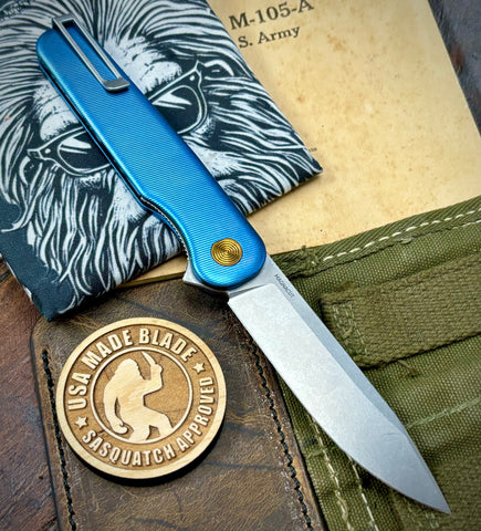 Carolina Blue & Bronze Anodized Rockwall Flipper with Stonewashed Magnacut Blade Countoured Ti Handles with Ti Hardware from Tactile Knife Co.