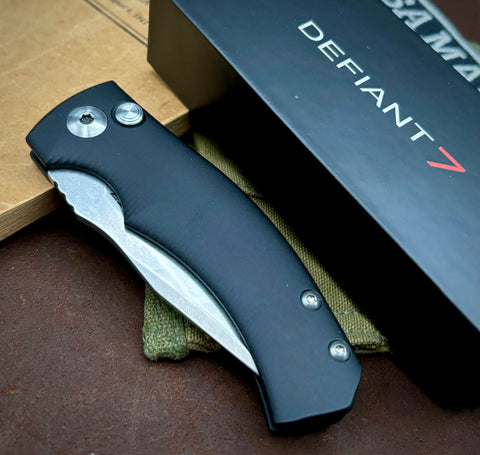 Defiant 7 Prototype Auto Valmara with Black Aluminum Handles and CPM 154 Stonewashed Blade