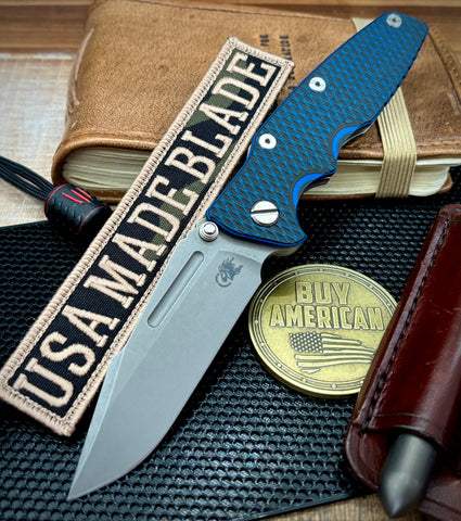 Hinderer Eklipse 3.5" Non-Flipper Skinny Fullered Harpoon Spearpoint Blue/Black G10 Working Finish Ti Working FInish Magnacut Blade - USA MB