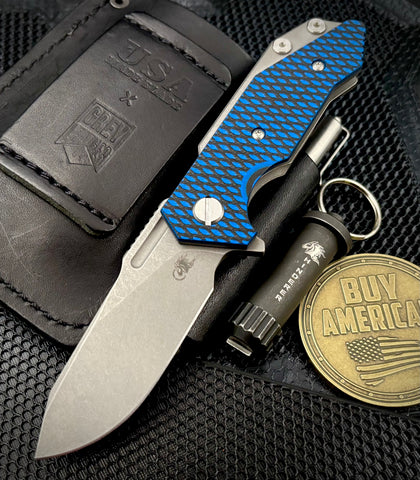 Hinderer Half Track Harpoon Slicer Gen 2 Blue/Black G10 Working Finish Ti and Working Finish Magnacut Blade - USA MB