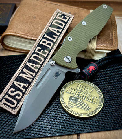Hinderer Eklipse 3.5" Skinny Fullered Harpoon Spanto OD Green G10 Working Finish Ti Working Finish Magnacut Blade - USA MB