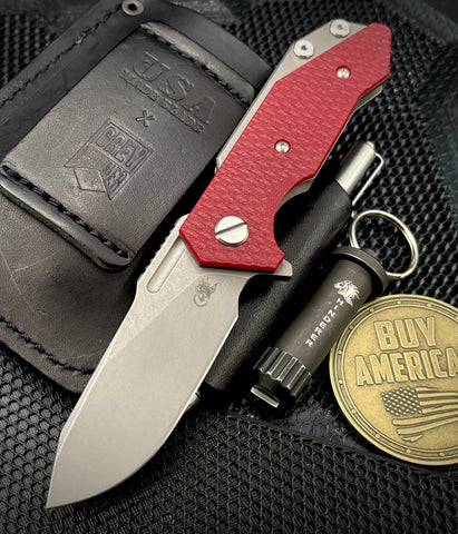 Hinderer Half Track Harpoon Slicer Gen 2 Red G10 Working Finish Ti and Working Finish Magnacut Blade - USA MB