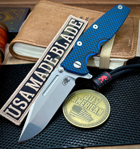 Hinderer Eklipse 3.5" Skinny Fullered Harpoon Spanto Blue/Black G10 Working Finish Ti Stonewashed Magnacut Blade - USA MB