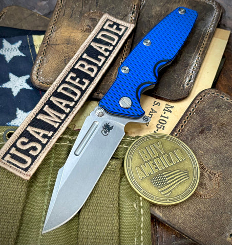 Hinderer Eklipse 3.5" Skinny Fullered Harpoon Spearpoint Blue/Black G10 Working Finish Ti Stonewashed Magnacut Blade - USA MB