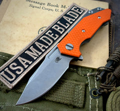 Bowie Hinderer Half Track Gen 2 Orange G10 Working Finish Ti and Stonewashed S45VN Blade