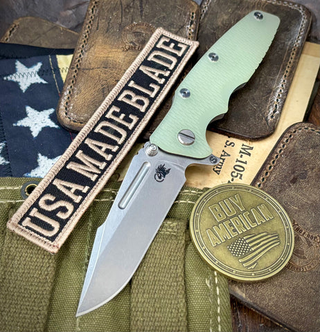 Hinderer Eklipse 3.5" Skinny Fullered Harpoon Spearpoint Translucent Green G10 Working Finish Ti Stonewashed Magnacut Blade - USA MB