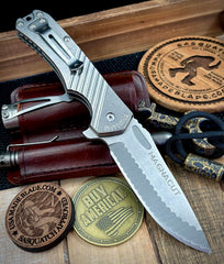 Freeman 451 Button Lock Flipper Chi Rho Stonewashed Ti Magnacut Blade 1.0