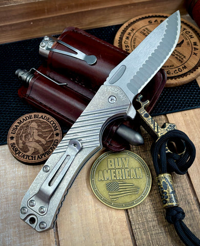 Freeman 451 Button Lock Flipper Templar Cross Stonewashed Ti Magnacut Blade 2.0