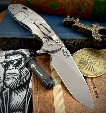 Hinderer XM-18 3.5" Hollow Ground Slicer Stonewashed Ti OD Green G10 Magnacut Stonewashed Blade