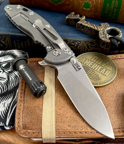 Hinderer XM-18 3.5" Hollow Ground Slicer Working Finish Ti OD Green G10 Magnacut Stonewashed Blade