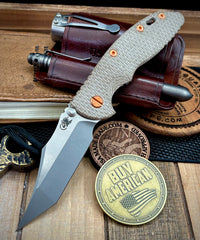 Hinderer XM-18 3.5" Non Flipper Aggressor Bead Blasted Bronze Ti Textured Micarta Magnacut Two Tone Blade  and Copper Hardware