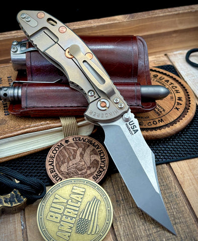 Hinderer XM-18 3.5" Non Flipper Aggressor Bead Blasted Bronze Ti Textured Micarta Magnacut Two Tone Blade  and Copper Hardware