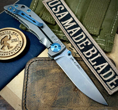 Spartan Harsey Folder 3.25 Stonewashed Magnacut Blade with Blue Anodized Hardware