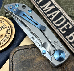 Spartan Harsey Folder 3.25 Stonewashed Magnacut Blade with Blue Anodized Hardware