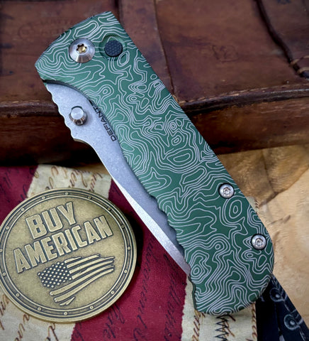 Topo Defiant-7 Talos Button Lock with Magnacut Blade and customized Green Hardcoat Anodized Aluminum Handles
