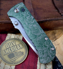 Topo Defiant-7 Talos Button Lock with Magnacut Blade and customized Green Hardcoat Anodized Aluminum Handles