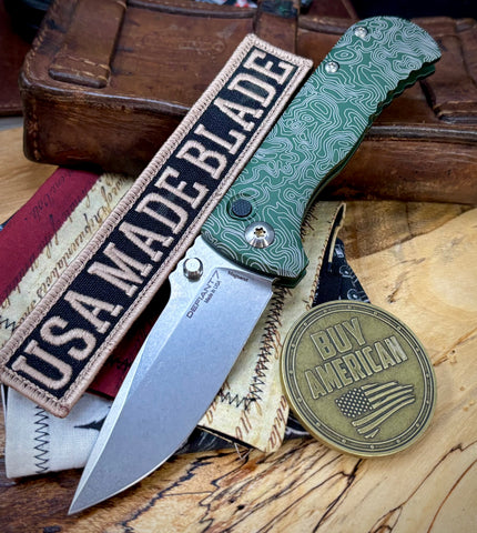 Topo Defiant-7 Talos Button Lock with Magnacut Blade and customized Green Hardcoat Anodized Aluminum Handles