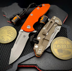 Hinderer XM-18 3.25 Fullered Harpoon Spanto Orange G10 Battle Bronze Ti and Working Finish Magnacut Blade - USA MB