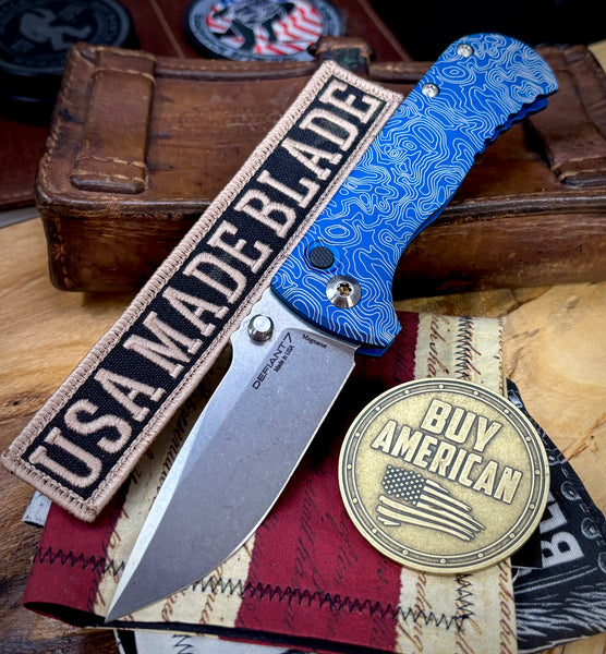 Topo Defiant-7 Talos Button Lock with Magnacut Blade and customized Blue Hardcoat Anodized Aluminum Handles