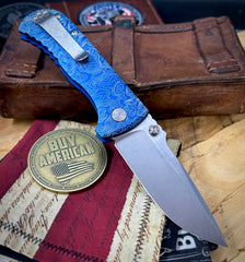 Topo Defiant-7 Talos Button Lock with Magnacut Blade and customized Blue Hardcoat Anodized Aluminum Handles