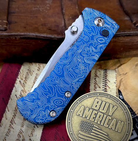 Topo Defiant-7 Talos Button Lock with Magnacut Blade and customized Blue Hardcoat Anodized Aluminum Handles