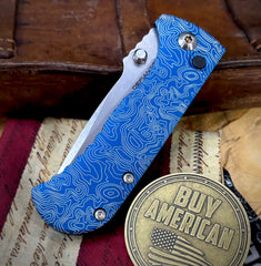 Topo Defiant-7 Talos Button Lock with Magnacut Blade and customized Blue Hardcoat Anodized Aluminum Handles