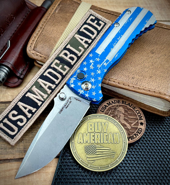 Defiant-7 Talos Button Lock Battled Stars & Stripes with Magnacut Blade and Blue Hardcoat Anodized Aluminum Handles
