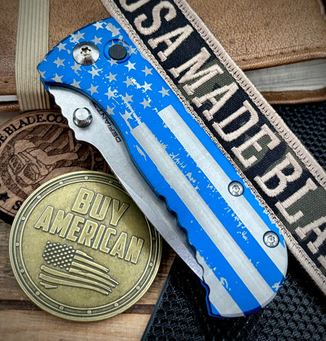 Defiant-7 Talos Button Lock Battled Stars & Stripes with Magnacut Blade and Blue Hardcoat Anodized Aluminum Handles