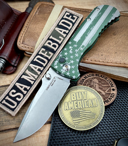 Defiant-7 Talos Button Lock Battled Stars & Stripes with Magnacut Blade and Green Hardcoat Anodized Aluminum Handles