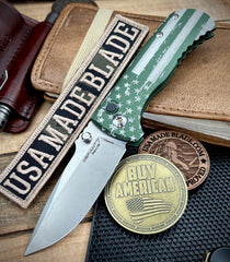 Defiant-7 Talos Button Lock Battled Stars & Stripes with Magnacut Blade and Green Hardcoat Anodized Aluminum Handles