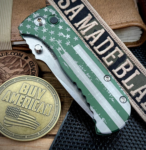 Defiant-7 Talos Button Lock Battled Stars & Stripes with Magnacut Blade and Green Hardcoat Anodized Aluminum Handles