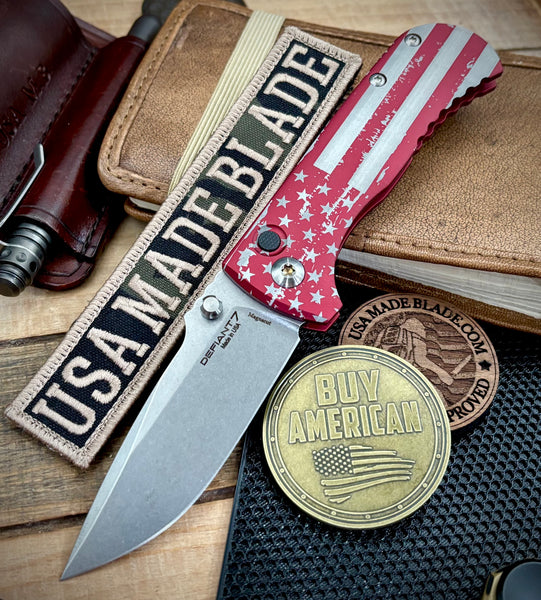 Defiant-7 Talos Button Lock Battled Stars & Stripes with Magnacut Blade and Red Hardcoat Anodized Aluminum Handles